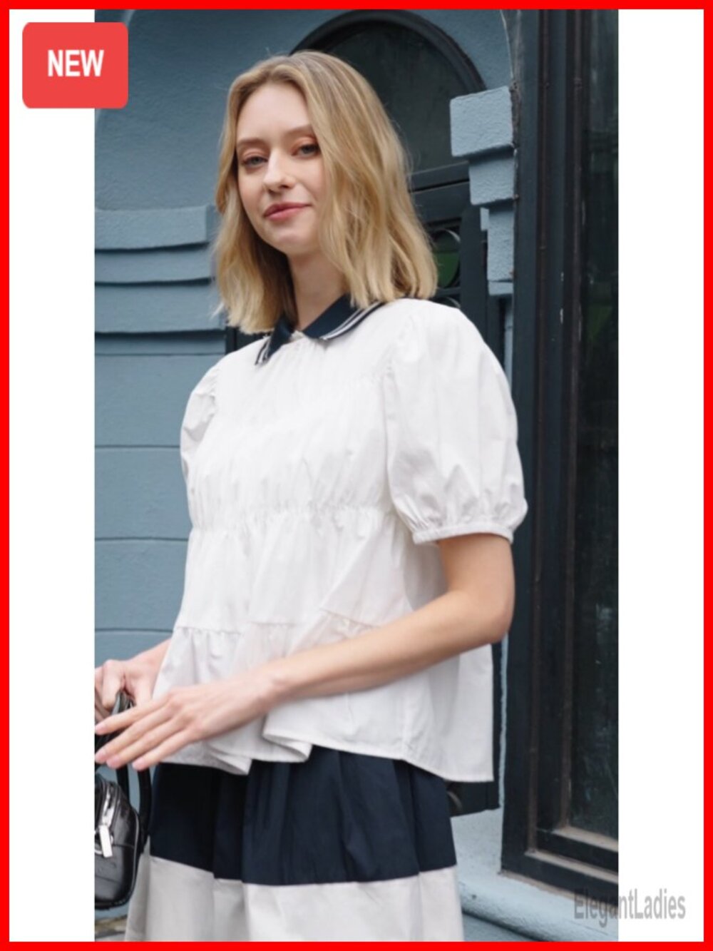 Women's Cotton Puff Sleeve Babydoll Top Summer Flowy Blouse - Picture 6 of 6